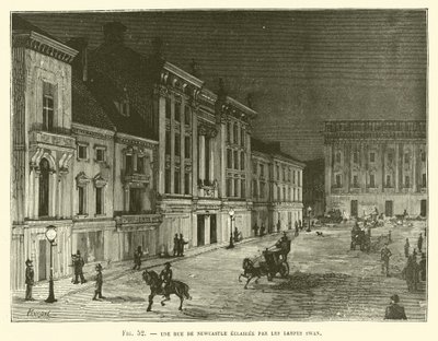 Une rue de Newcastle éclairée par les lampes Swan - French School